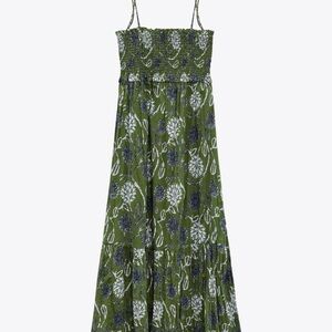 Zara Smocked Boho Lightweight Cotton Midi Tiered Floral Green Sundress